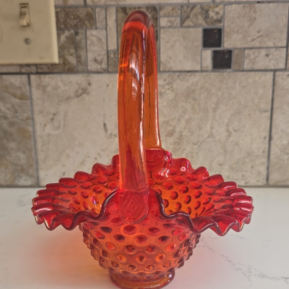 Vintage Red-Orange Glass Basket Dish Ruffled Fenton Hobnail